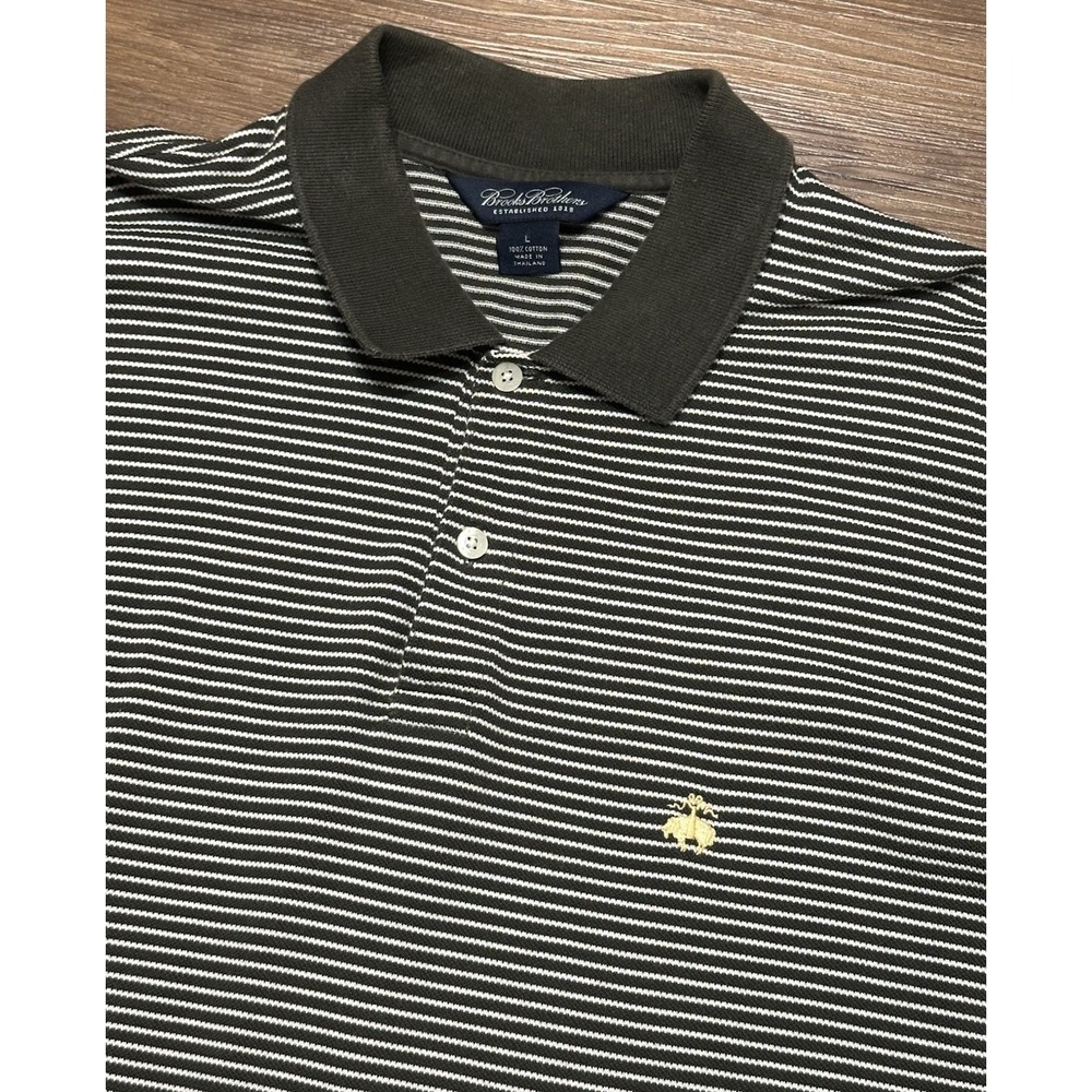 Brooks Brothers Pique Striped S/S Polo Shirt Golden Fleece Logo Men Sz L Brown